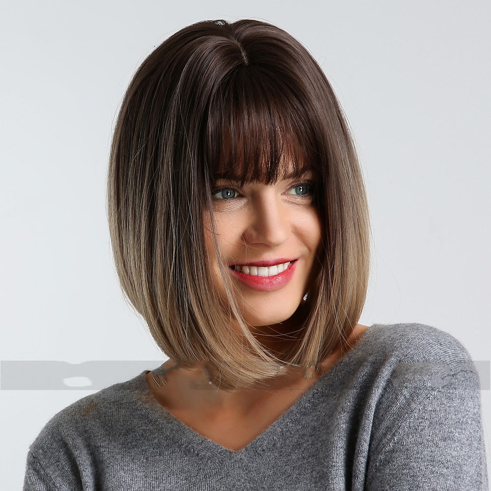 Black Gradient Brown Straight Bangs Short Women's Wig