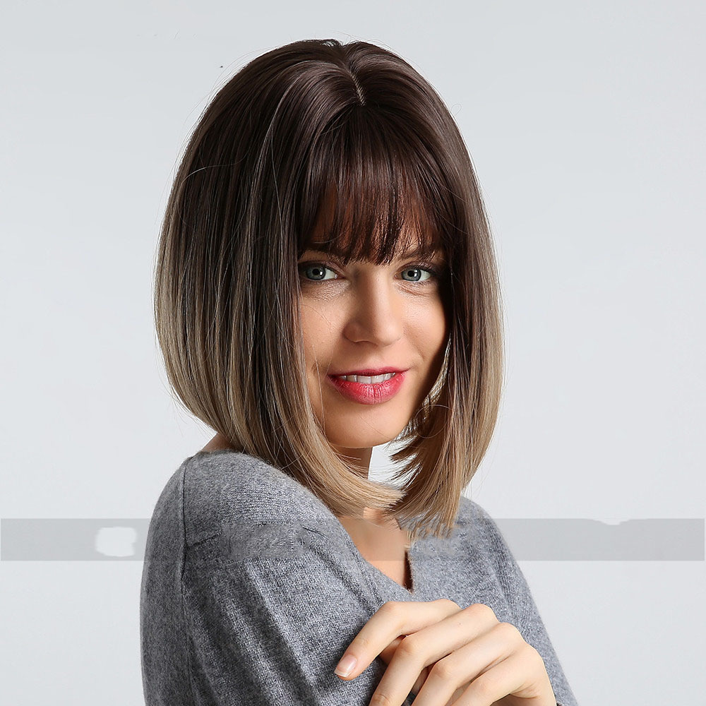 Black Gradient Brown Straight Bangs Short Women's Wig