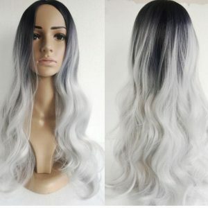 Black silver gray mid-point long curly hair cos fake