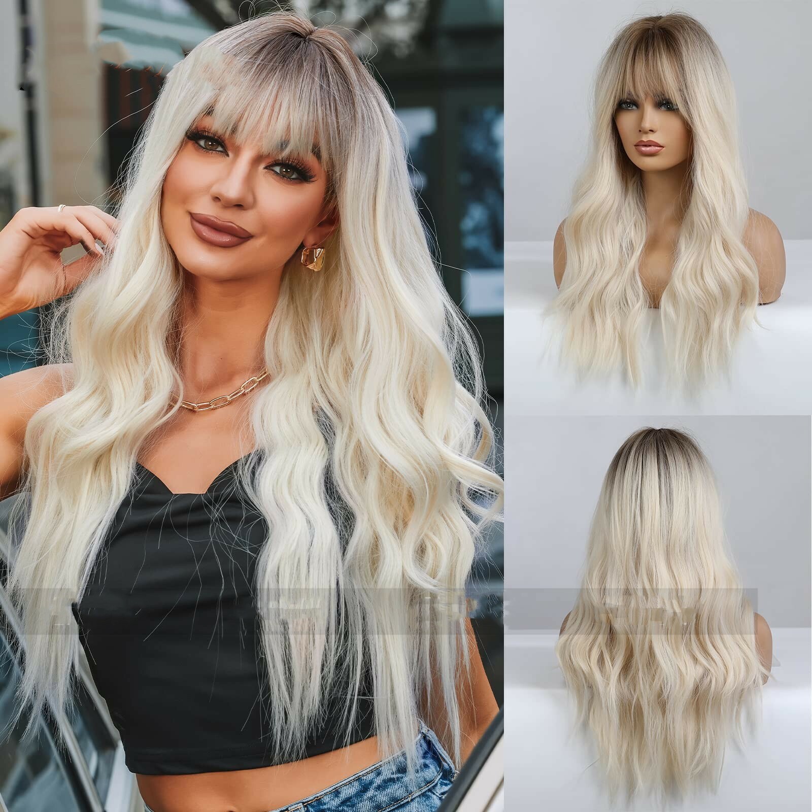 Qi Bangs Gradual Blonde Brown Long Curly Wig Female