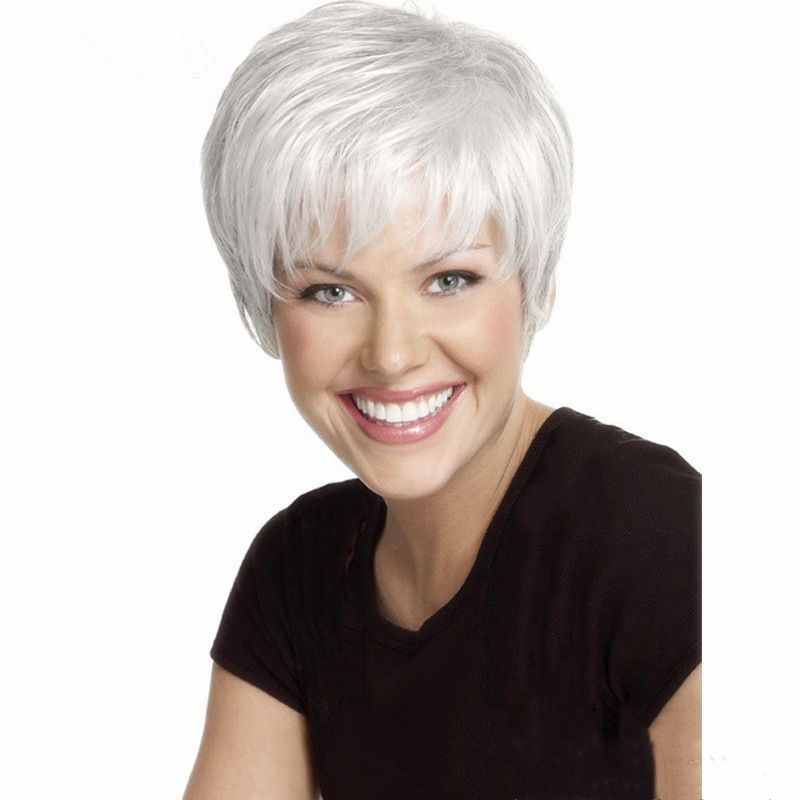 Silver White Ladies Short Hair Oblique Bangs Wig