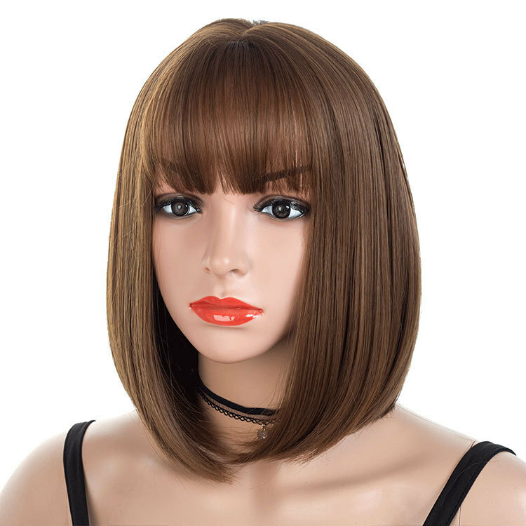 Women's Brown Flat Bangs Short Straight Hair