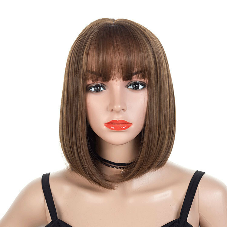 Women's Brown Flat Bangs Short Straight Hair