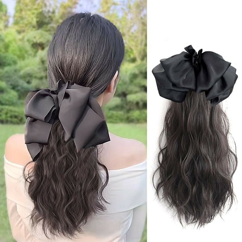 Women's Long Hair Bow High Ponytail Grip Clip